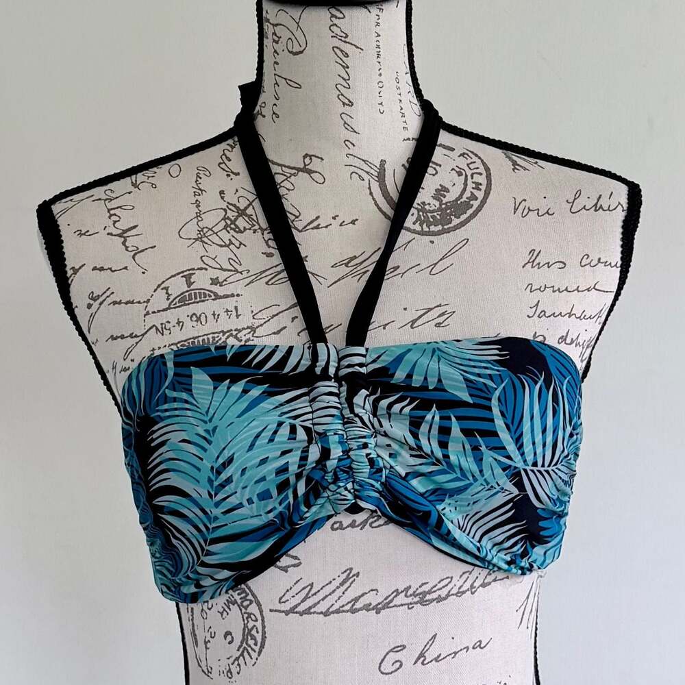 Time and Tru Blue and Black Tropical Palm Leaf Print Halter Bikini Top Size S